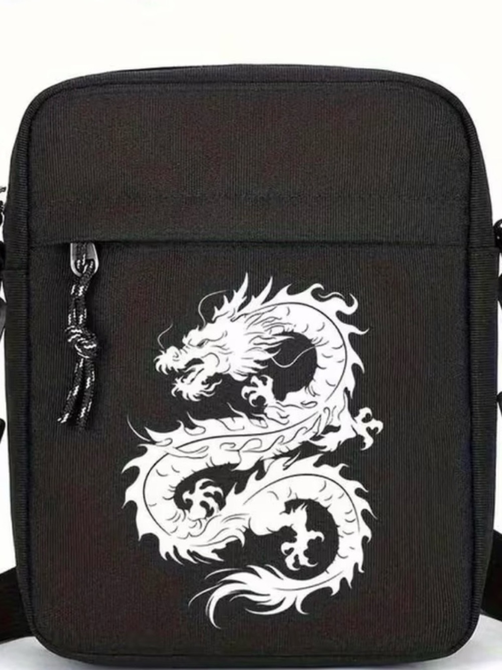 Black Dragon Print Crossbody Bag for Men